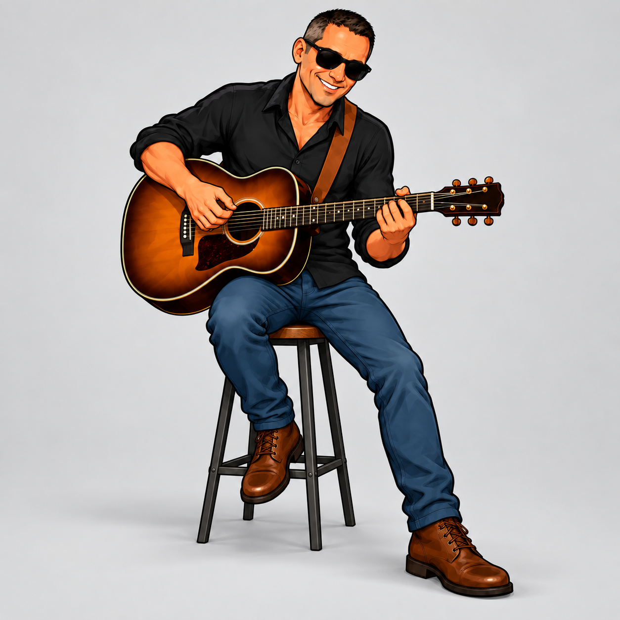 Cartoon Andi sitting on a stool playing acoustic guitar