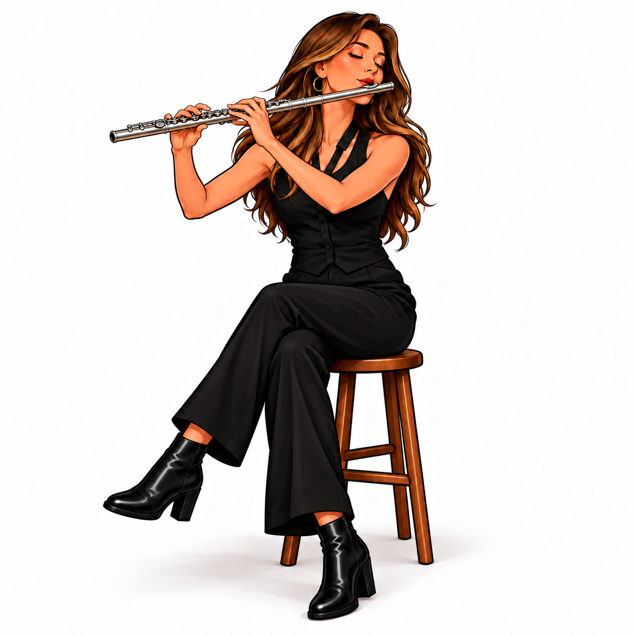 Cartoon Britta sitting on a stool playing flute