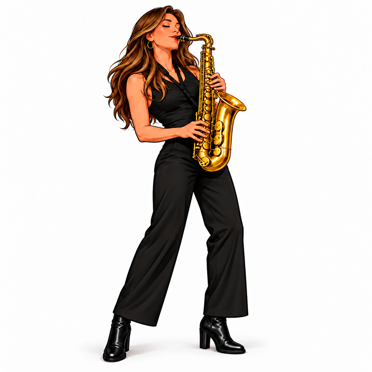 Cartoon Britta performing with saxophone