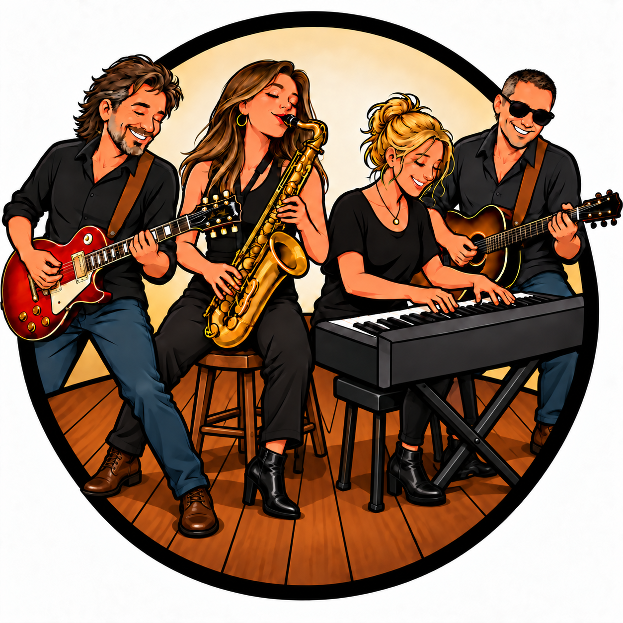 Freek, Britta, Ingrid and Andi playing guitar, saxophone, piano and acoustic guitar together