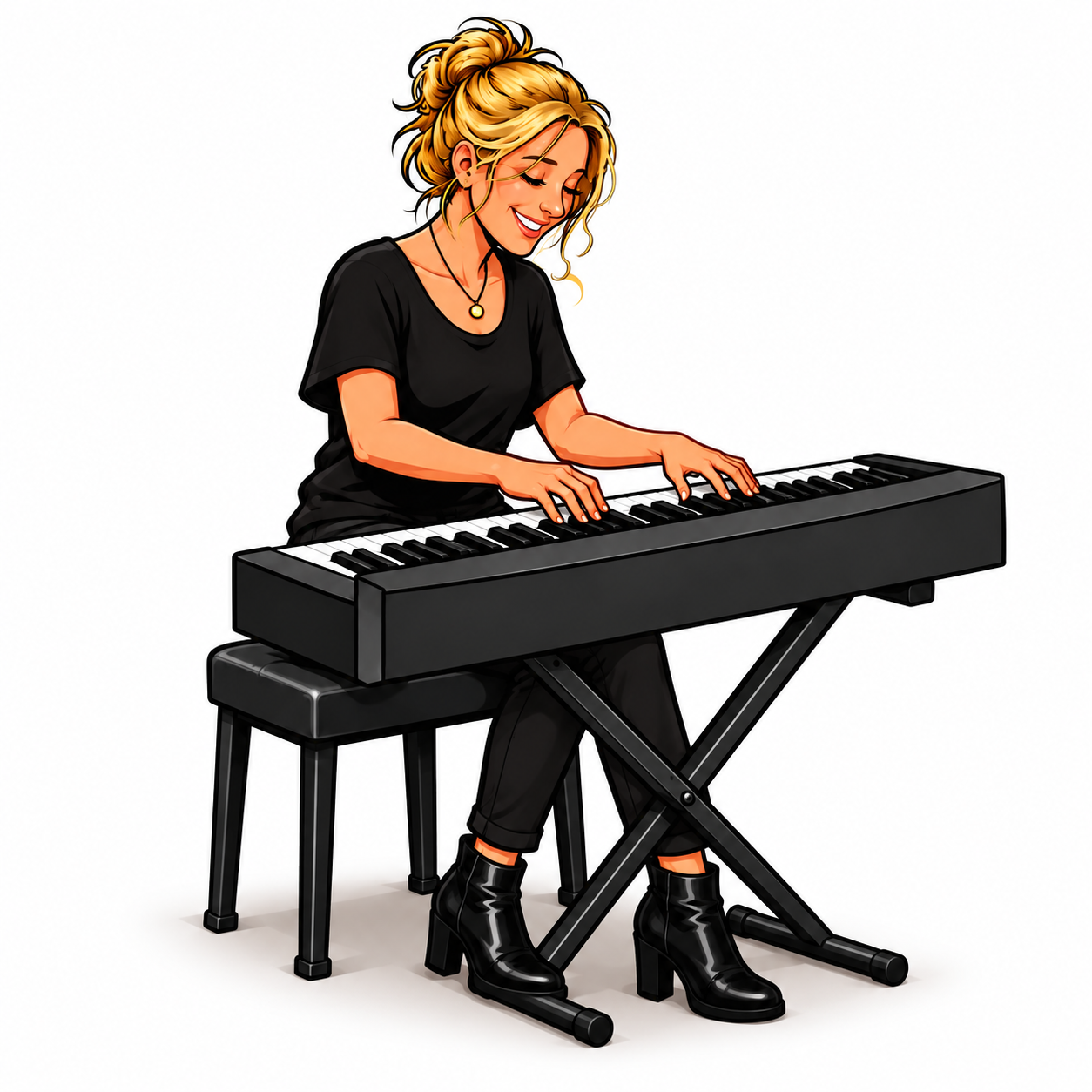 Cartoon Ingrid performing with piano